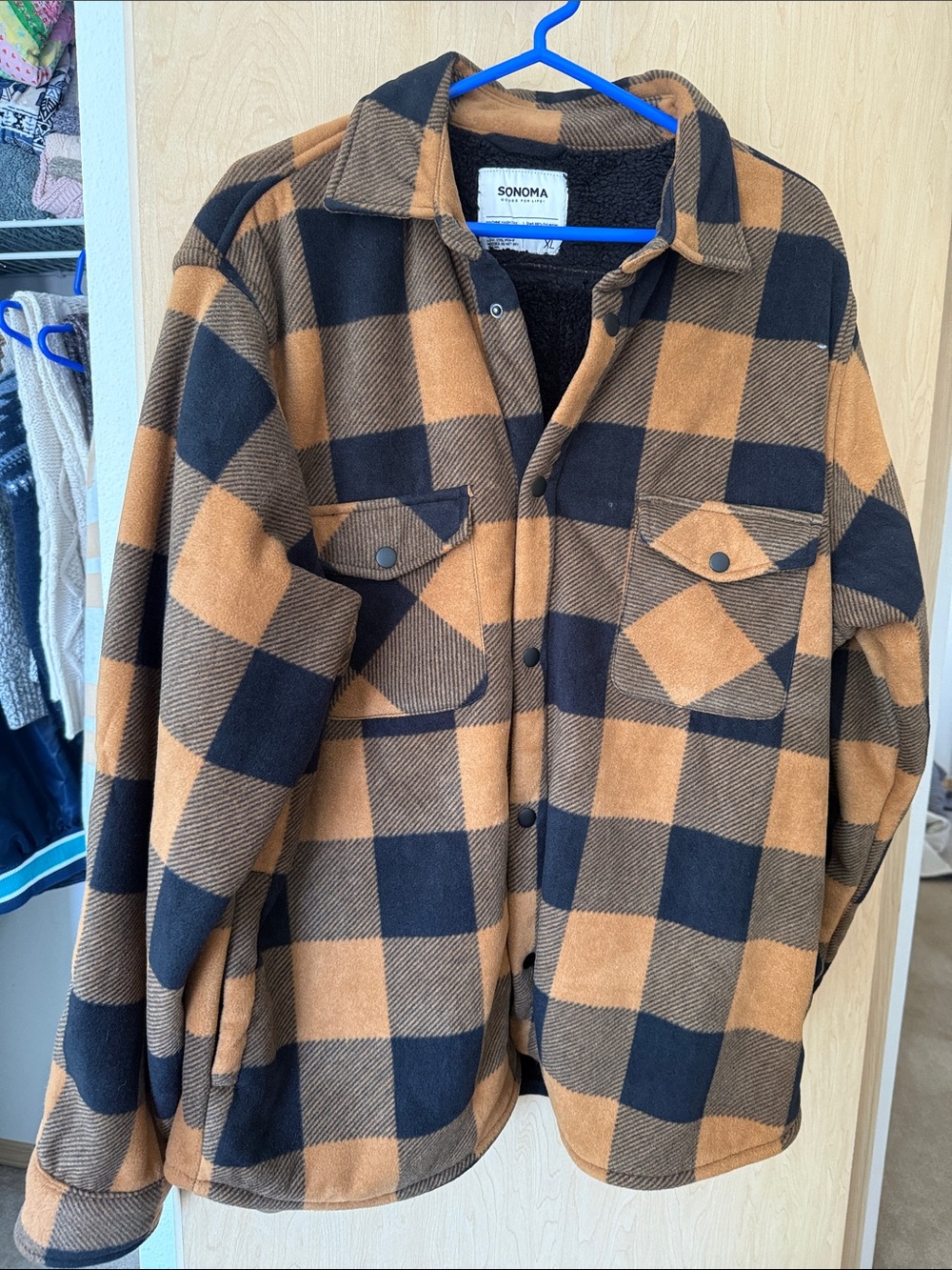 SONOMA Black and Tan Plaid Sherpa-Lined Shirt Jacket